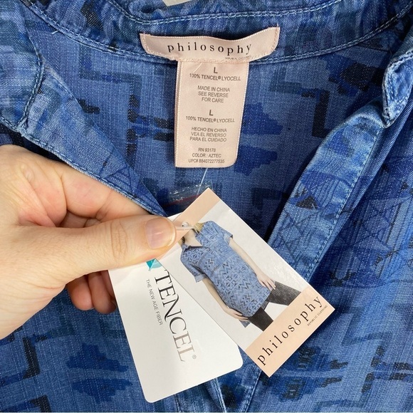 Philosophy Tencel Aztec Print Chambray Popover Mini Dress Denim Size Large (NWT) - Picture 4 of 5